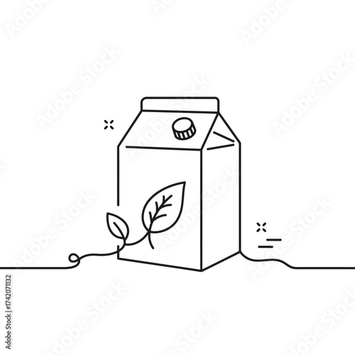 A minimalist line drawing depicts a carton of milk with a leaf symbol, suggesting a healthy, organic beverage choice.