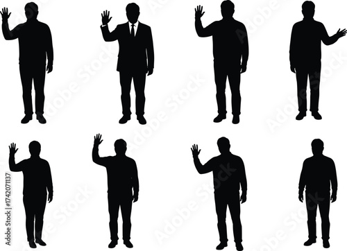 Waving people silhouettes, standing men, formal and casual attire, greeting gesture, human posture, communication, diversity, interaction, urban lifestyle, body language