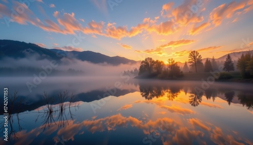 Serene lake at dawn mist over water vibrant orange clouds reflect on still surface mountains in background