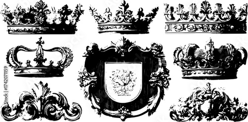 Vintage crown engravings and decorations. Black-and-white line illustrations featuring various royal crowns in a decorative vector set.