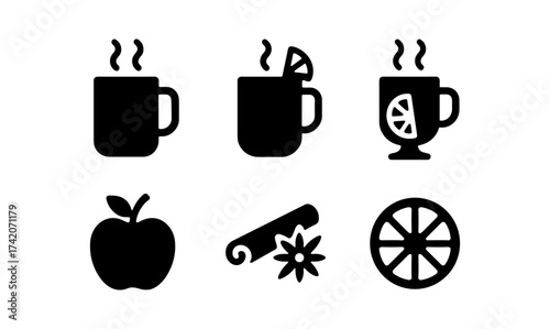 Black coffee silhouette icons with citrus and spice elements