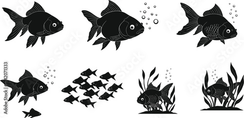 Goldfish silhouette vector set with bubbles, aquatic plants, swimming poses, school of fish, freshwater illustration for stock content