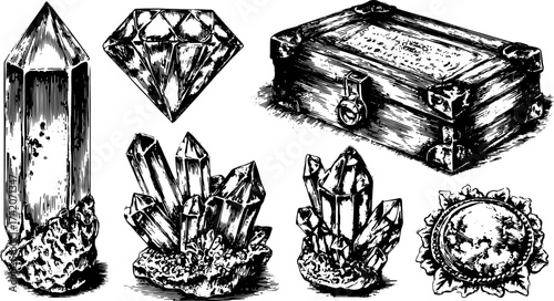Illustration of various crystals, gemstones, and an ornate box. A vintage vector artwork showcasing detailed textures in black and white.