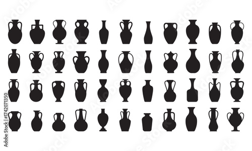 Ancient Greek and Roman Vase Silhouettes, Collection of Amphora, Urn, and Pottery Icons, vector illustration