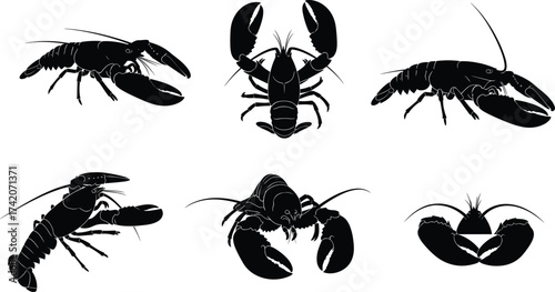 Lobster silhouette vector set featuring multiple poses and angles, ideal for seafood design, marine biology, and crustacean-themed artwork.