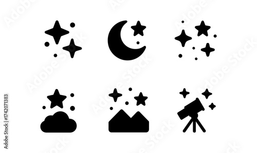 Celestial icons set featuring moon, stars, and telescope in flat black style