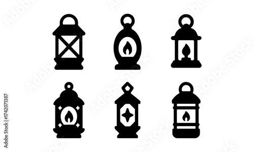 Set of six lantern silhouettes with unique designs and burning candles
