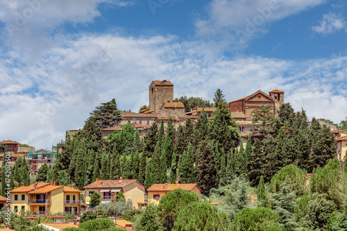 The picturesque town of Montecatini Terme with its hillside houses and ancient castle. Montecatini Terme is a spa resort in the province of Pistoia in the Italian region of Tuscany.