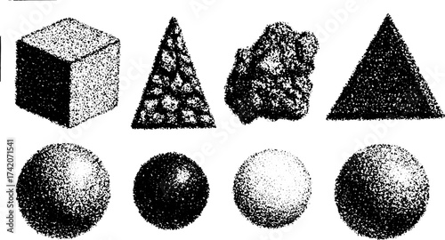 Geometric shapes including cubes, spheres, pyramids, and cones. Simple black and white vector illustration in a set with various textures and dimensions.