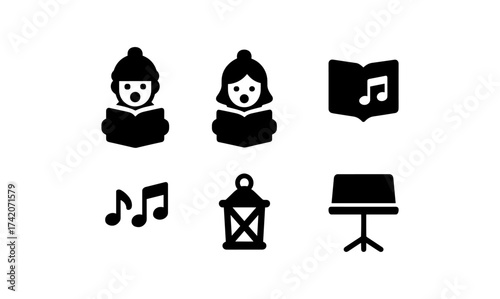 Christmas caroling icons: silhouette symbols of singers, music, and holiday cheer