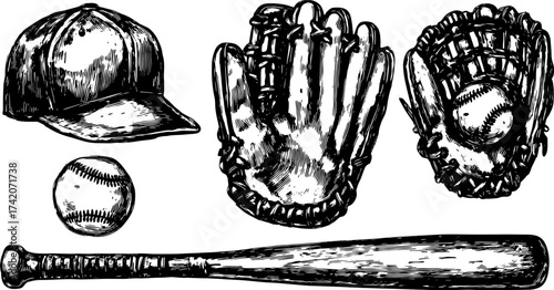 Baseball equipment set including cap, glove, bat, and ball. Hand-drawn sketch style in black and white vector illustration.