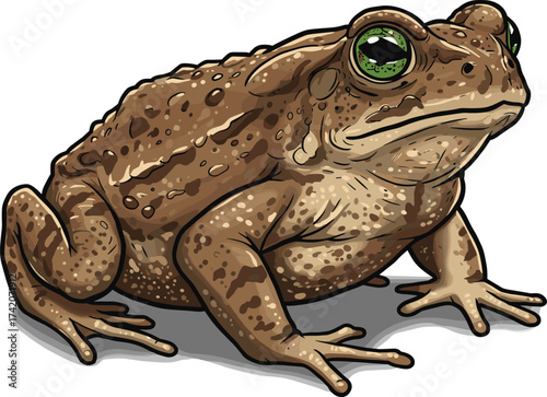 Brown toad illustration, realistic amphibian drawing, wild animal artwork, detailed reptile vector, natural wildlife design, green eye frog toad graphic
