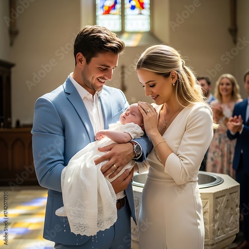 Baptism Ceremony - A Familys Sacred Moment in a Church.