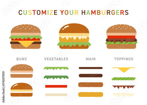 自分で具材を重ねてカスタマイズできるハンバーガーのフラットイラストセット｜バンズ・野菜・パティ・トッピングを自由に組み合わせ可能なベクター素材