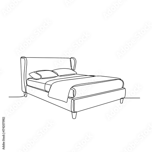 Upholstered bed with pillows and blanket in continuous line drawing