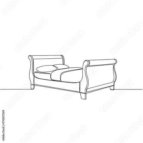 Sleigh bed with pillows in line art on white background