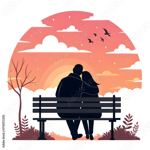 Romantic Sunset Moment: A couple sits side by side on a bench, silhouetted against a radiant sunset, sharing a moment of intimacy and connection.