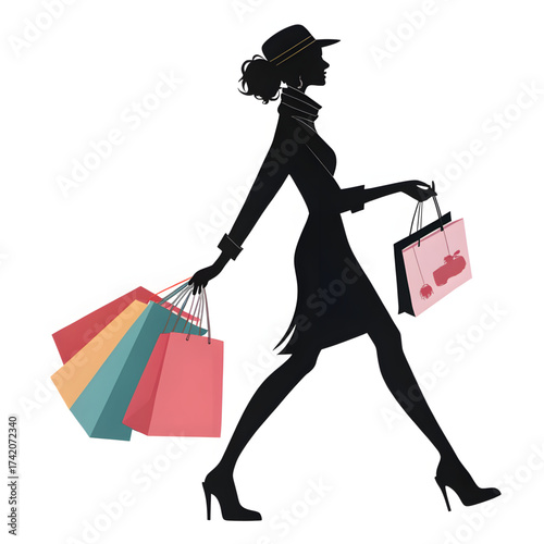 Shopping Silhouette: A stylish silhouette of a woman, draped in an elegant coat and hat, confidently strides forward, arms laden with colorful shopping bags.