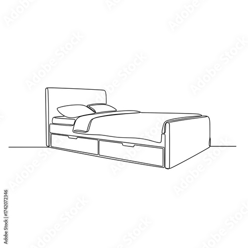 Bed with pillows and storage drawers in line art on white background