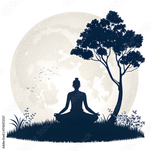 Serene Meditation Silhouette: A peaceful silhouette of a person meditating in a tranquil outdoor setting, bathed in the gentle light of a full moon.