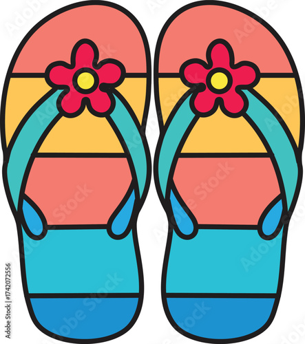 Colorful striped flip flops with flower details a summer footwear illustration