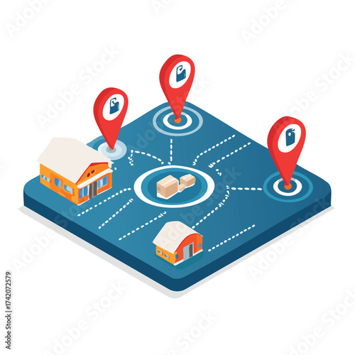 Isometric illustration of a supply chain network showing package distribution from a central hub to various delivery locations.