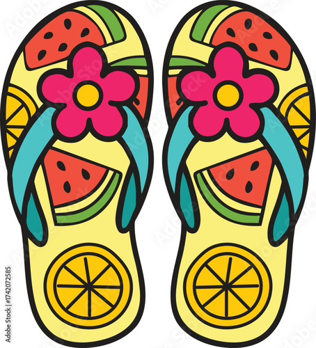 Brightly colored flip-flops featuring playful fruit and flower designs.
