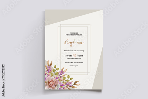 WEDDING INVITATION FRAME WITH FLOWER DECORATIONS AND FRESH LEAVES