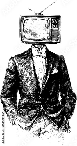 A man in a suit with a vintage TV for a head. Black and white surreal hand drawn vector illustration.