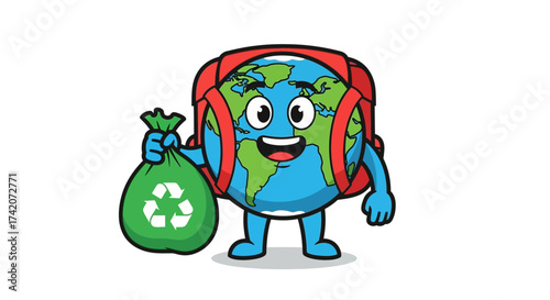 Cartoon Earth Character Carrying Recycling Bag and Wearing Backpack for Clean Environment