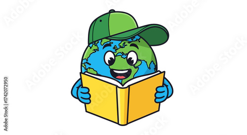 Illustration of a cartoon earth character wearing a cap and reading a book