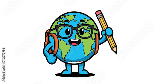 Earth globe cartoon character with glasses backpack and pencil promoting education