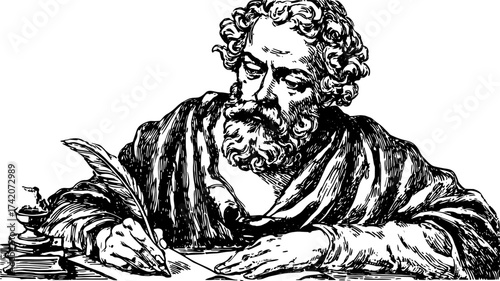 Vintage illustration of a man writing with a quill. Classic black and white vector drawing, depicting a thoughtful figure at a table with an inkwell.