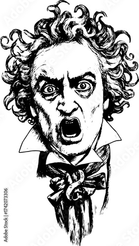 Angry singer portrait in black and white line art style. This vector illustration features a dramatic expression and vintage design.