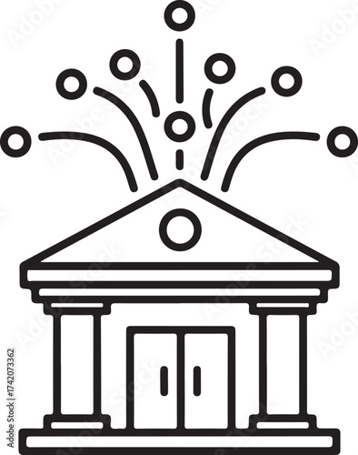 Vector art of an icon representing a bank or financial institution with radiating lines and circles, symbolizing financial technology and data flow