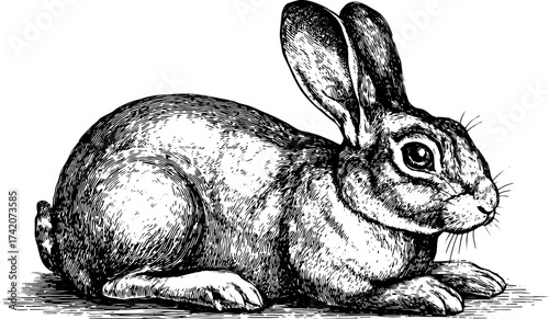 Realistic rabbit illustration in vintage engraving style. Detailed line drawing with a black and white outline. Vector illustration showcasing its furry texture.