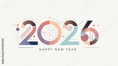 Unique Happy New Year 2026 design with abstract geometric typography. Clean modern vector layout, minimalist festive illustration.