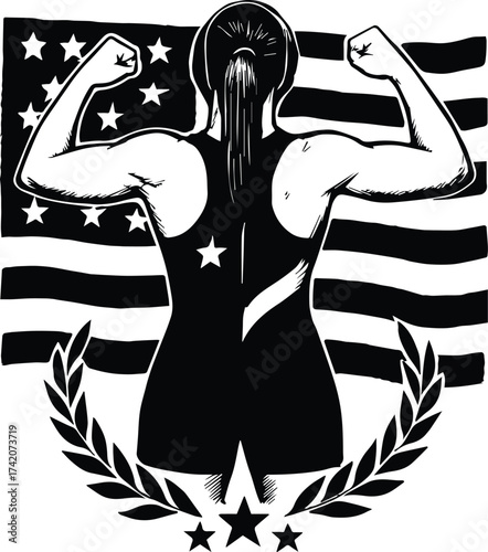 US Female Wrestler | American Flag Wrestling Clipart | Women Sports Athlete