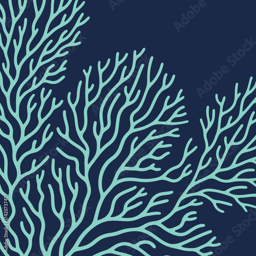 A graphic illustration of light blue coral branches against a dark navy blue background.