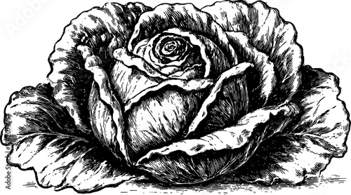 Detailed rose flower in vintage style, black and white outline as a botanical illustration. Elegant set of vector art on paper.