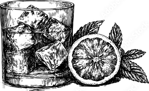 Vintage black and white outline illustration of a drink in a glass, filled with ice and garnished with lemon and mint. Vector graphic illustration.