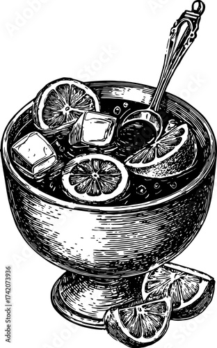 Lemonade drink in vintage black and white outline illustration. Featuring a cup with lemon slices and ice, this set is ideal for menu or decoration vector.