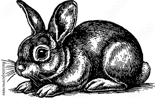 Rabbit illustration in black and white outline style. Vintage vector illustration featuring realistic details, suitable for artistic applications.