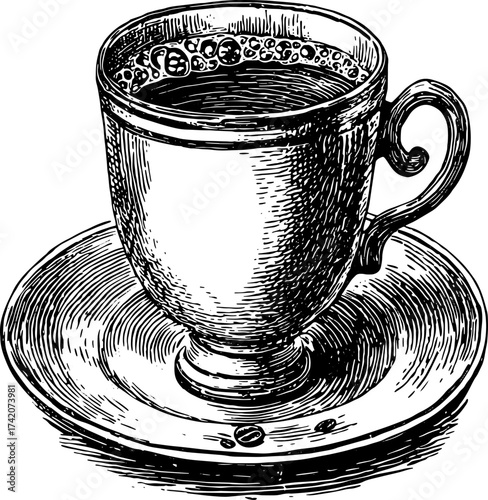 Coffee cup in vintage engraving style. Black and white vector illustration of simple details on a saucer set.