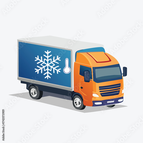 A refrigerated truck with a snowflake and thermometer symbol on its side, indicating temperature-controlled transport.