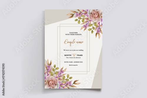 WEDDING INVITATION FRAME WITH FLOWER DECORATIONS AND FRESH LEAVES