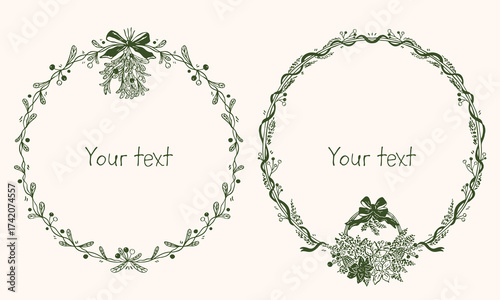 Hand-drawn Christmas doodle set with festive wreaths decorated with mistletoe and poinsettia, featuring space for your text. Perfect for holiday cards, posters, and seasonal designs