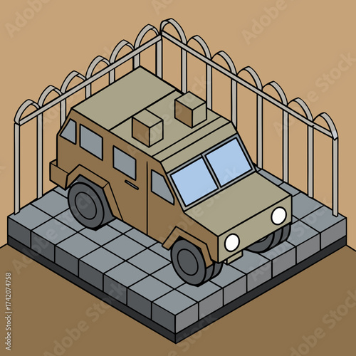 Armored personnel carrier behind a metal fence illustration