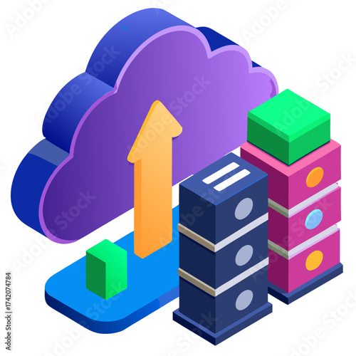 Isometric cloud server with an arrow uploading data online