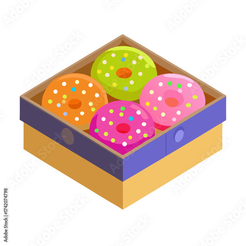 Box of colorful glazed donuts arranged in isometric style